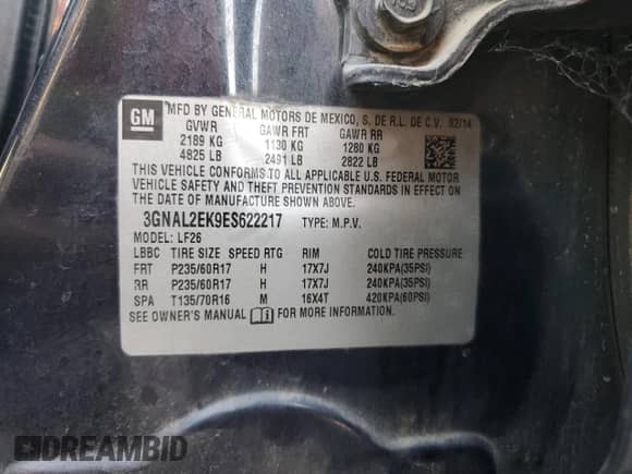 2014 Chevrolet Captiva Sport LS с VIN 3GNAL2EK9ES622217, выставлен на аукционе Copart как лот 69808504 с пробегом 154 500 миль миль и Списание • Salvage title. История ставок и продаж доступна на DreamBid. Изображение 14.