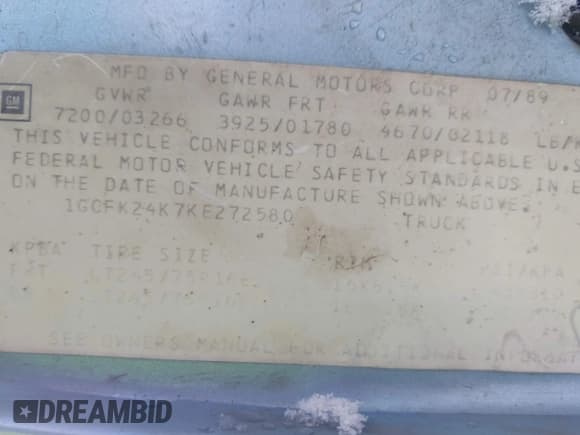 ✅ 1989 Chevrolet Silverado 2500 • VIN: 1GCFK24K7KE272580 • Лот: 43753641. Опубликован ранее на IAAI с пробегом 120 000 миль. Бесплатный доступ к архиву аукционных продаж из США и подробный отчёт об истории автомобиля на DreamBid. Изображение 9.