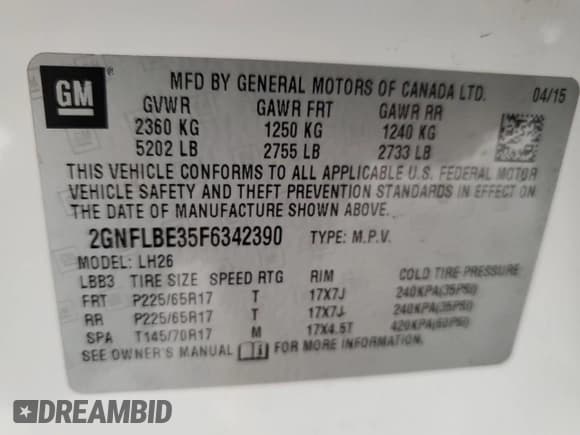 ✅ 2015 Chevrolet Equinox LT • VIN: 2GNFLBE35F6342390 • Лот: 81149013. Опубликован ранее на Copart с пробегом 177 028 миль. Бесплатный доступ к архиву аукционных продаж из США и подробный отчёт об истории автомобиля на DreamBid. Изображение 12.