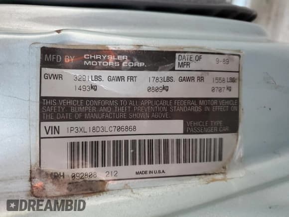 ✅ 1990 Plymouth Horizon • VIN: 1P3XL18D3LC706868 • Lot: 84697704. Wystawiony na Copart z przebiegiem 98 633 mil. Bezpłatny archiwum sprzedaży aukcyjnych z USA i szczegółowy raport historii pojazdu na DreamBid. Zdjęcie 12.