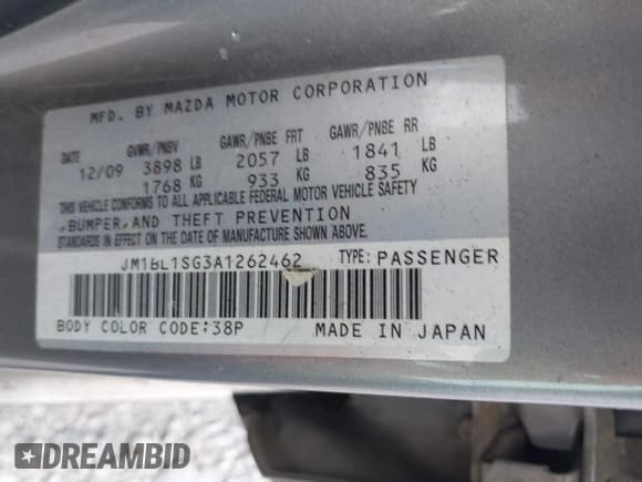 ✅ 2010 Mazda 3 i Touring • VIN: JM1BL1SG3A1262462 • Lot: 42197772. Listed on IAAI with 147,488 mi. Free auction sales archive from the USA and detailed vehicle history report at DreamBid. Image 9.