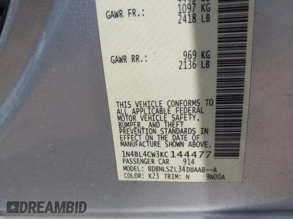 ✅ 2019 Nissan Altima SR • VIN: 1N4BL4CW3KC144477 • Lot: 42941982. Listed on IAAI with 53,958 mi. Free auction sales archive from the USA and detailed vehicle history report at DreamBid. Image 9.