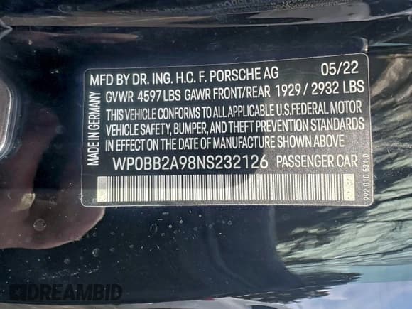 ✅ 2022 Porsche 911 4S • VIN: WP0BB2A98NS232126 • Lot: 96780785. Listed on Copart with 1,484 mi. Free auction sales archive from the USA and detailed vehicle history report at DreamBid. Image 10.