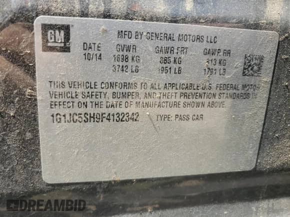 2015 Chevrolet Sonic LT с VIN 1G1JC5SH9F4132342, выставлен на аукционе Copart как лот 69644234 с пробегом 123 087 миль миль и Списание • Salvage title. История ставок и продаж доступна на DreamBid. Изображение 13.