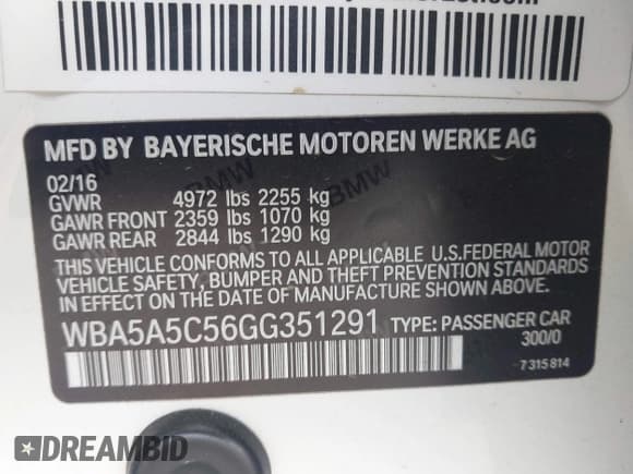 ✅ 2016 BMW 5 Series 528i • VIN: WBA5A5C56GG351291 • Lot: 43631242. Listed on IAAI with 62,032 mi. Free auction sales archive from the USA and detailed vehicle history report at DreamBid. Image 9.