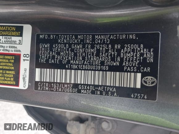 ✅ 2013 Toyota Avalon XLE • VIN: 4T1BK1EB6DU039169 • Lot: 43114776. Listed on IAAI with 162,000 mi. Free auction sales archive from the USA and detailed vehicle history report at DreamBid. Image 9.