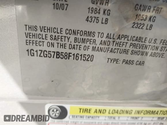 ✅ 2008 Chevrolet Malibu 1LS • VIN: 1G1ZG57B58F161520 • Lot: 43598635. Listed on IAAI with 43,939 mi. Free auction sales archive from the USA and detailed vehicle history report at DreamBid. Image 9.