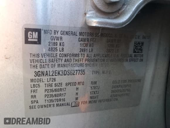 ✅ 2013 Chevrolet Captiva Sport LS • VIN: 3GNAL2EK3DS627735 • Lot: 88821055. Wystawiony na Copart z przebiegiem 105 196 mil. Bezpłatny archiwum sprzedaży aukcyjnych z USA i szczegółowy raport historii pojazdu na DreamBid. Zdjęcie 15.