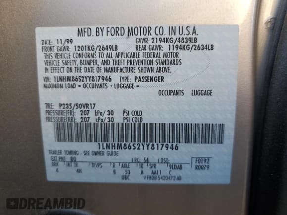 ✅ 2000 Lincoln LS • VIN: 1LNHM86S2YY817946 • Lot: 85547134. Listed on Copart with 169,978 mi. Free auction sales archive from the USA and detailed vehicle history report at DreamBid. Image 12.