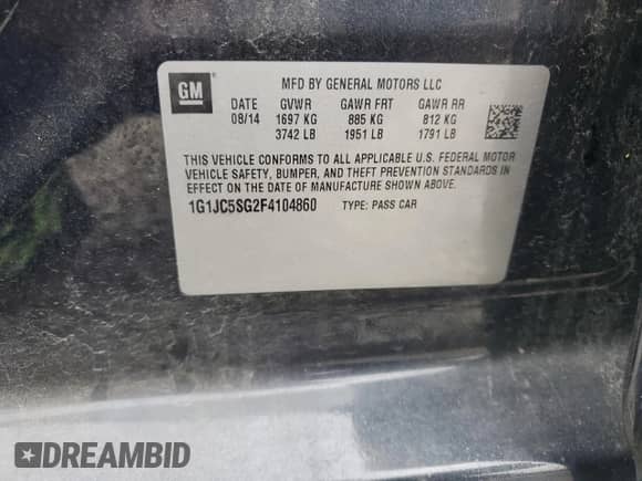 2015 Chevrolet Sonic LT с VIN 1G1JC5SG2F4104860, выставлен на аукционе Copart как лот 72935414 с пробегом 59 486 миль миль и Списание • Salvage title. История ставок и продаж доступна на DreamBid. Изображение 12.