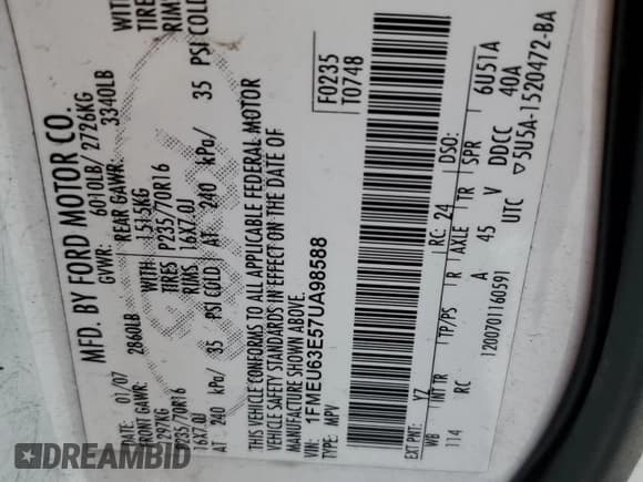 ✅ 2007 Ford Explorer XLT • VIN: 1FMEU63E57UA98588 • Lot: 60861605. Listed on Copart with 174,118 mi. Free auction sales archive from the USA and detailed vehicle history report at DreamBid. Image 14.