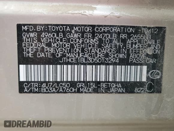 ✅ 2013 Lexus GS 350 • VIN: JTHCE1BL3D5013294 • Lot: 93131475. Listed on Copart with 101,272 mi. Free auction sales archive from the USA and detailed vehicle history report at DreamBid. Image 12.