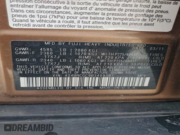 ✅ 2011 Subaru Outback Premium • VIN: 4S4BRCGC9B3409191 • Lot: 94634765. Listed on Copart with 130,561 mi. Free auction sales archive from the USA and detailed vehicle history report at DreamBid. Image 13.