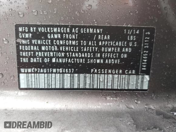 ✅ 2015 Volkswagen Golf Limited Edition • VIN: WVWKP7AU1FW904637 • Lot: 50101725. Listed on Copart with 18,234 mi. Free auction sales archive from the USA and detailed vehicle history report at DreamBid. Image 13.