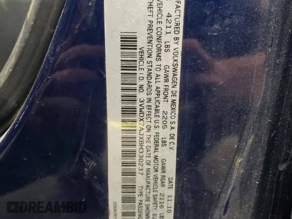 ✅ 2011 Volkswagen Jetta SE • VIN: 3VWDX7AJXBM330237 • Lot: 59288155. Listed on Copart with 145,833 mi. Free auction sales archive from the USA and detailed vehicle history report at DreamBid. Image 13.