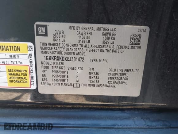 ✅ 2014 GMC Acadia SLT • VIN: 1GKKRSKDXEJ301472 • Lot: 43388993. Listed on IAAI with 108,541 mi. Free auction sales archive from the USA and detailed vehicle history report at DreamBid. Image 9.