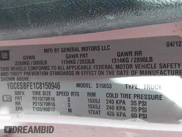 2012 Chevrolet Colorado Work Truck with VIN 1GCESBFE1C8150946, listed as a IAAI auction lot 41556527 with 56,592 mi miles and . Bid and sale history available at DreamBid. Image 9.
