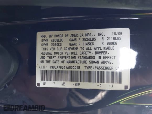 ✅ 2007 Acura TL Type S • VIN: 19UUA76547A004018 • Lot: 43669434. Listed on IAAI with 338,725 mi. Free auction sales archive from the USA and detailed vehicle history report at DreamBid. Image 9.