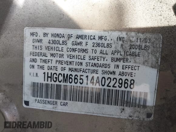 ✅ 2004 Honda Accord EX • VIN: 1HGCM66514A022968 • Lot: 43364141. Listed on IAAI with 114,701 mi. Free auction sales archive from the USA and detailed vehicle history report at DreamBid. Image 9.