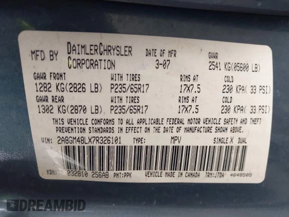 ✅ 2007 Chrysler Pacifica • VIN: 2A8GM48LX7R326101 • Lot: 43781781. Listed on IAAI with 181,157 mi. Free auction sales archive from the USA and detailed vehicle history report at DreamBid. Image 9.