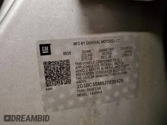 2018 Chevrolet Cruze LS z VIN 1G1BC5SM6J7230429, wystawiony jako Copart lot #67087282 z przebiegiem 19 362 mil mil oraz . Historia ofert i sprzedaży dostępna na DreamBid. Obrazek 10.