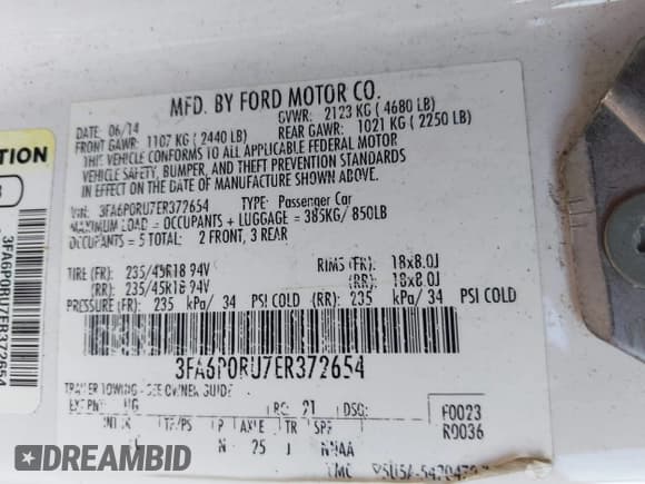 ✅ 2014 Ford Fusion Titanium Hybrid • VIN: 3FA6P0RU7ER372654 • Lot: 42862909. Listed on IAAI with Not provided. Free auction sales archive from the USA and detailed vehicle history report at DreamBid. Image 9.