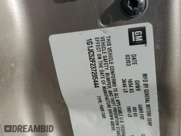 ✅ 2003 Chevrolet Cavalier • VIN: 1G1JC52F237285444 • Lot: 81866885. Listed on Copart with 102,442 mi. Free auction sales archive from the USA and detailed vehicle history report at DreamBid. Image 12.