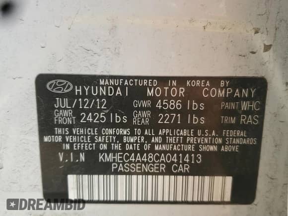 2012 Hyundai Sonata Hybrid with VIN KMHEC4A48CA041413, listed as a Copart auction lot 83978495 with 142,218 mi miles and Salvage title. Bid and sale history available at DreamBid. Image 12.