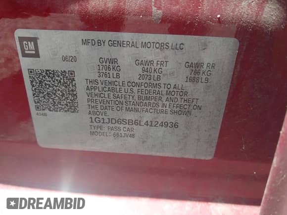 2020 Chevrolet Sonic LT с VIN 1G1JD6SB6L4124936, выставлен на аукционе IAAI как лот 42642451 с пробегом 61 903 миль миль и . История ставок и продаж доступна на DreamBid. Изображение 9.