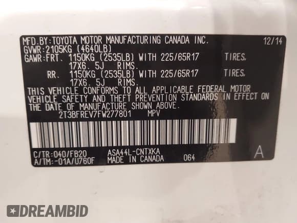 ✅ 2015 Toyota RAV4 LE • VIN: 2T3BFREV7FW277801 • Lot: 43704117. Listed on IAAI with 251,499 mi. Free auction sales archive from the USA and detailed vehicle history report at DreamBid. Image 9.