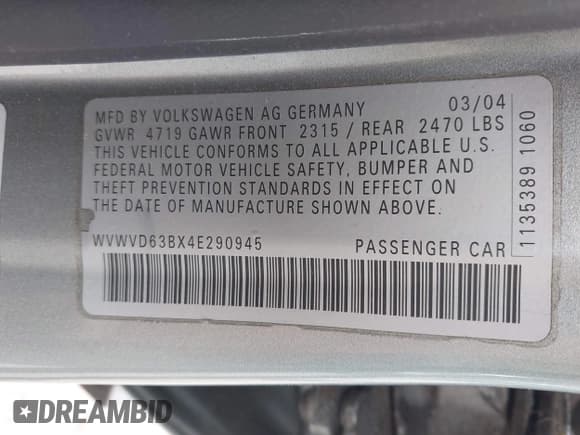 ✅ 2004 Volkswagen Passat GLS • VIN: WVWVD63BX4E290945 • Lot: 42376141. Listed on IAAI with 204,834 mi. Free auction sales archive from the USA and detailed vehicle history report at DreamBid. Image 9.