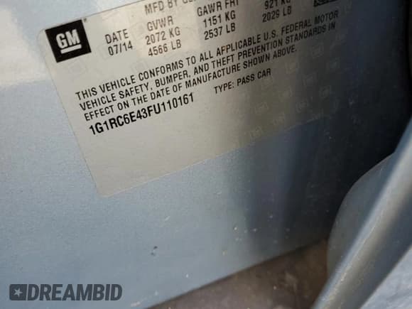 ✅ 2015 Chevrolet Volt • VIN: 1G1RC6E43FU110161 • Lot: 91728535. Listed on Copart with 158,768 mi. Free auction sales archive from the USA and detailed vehicle history report at DreamBid. Image 12.