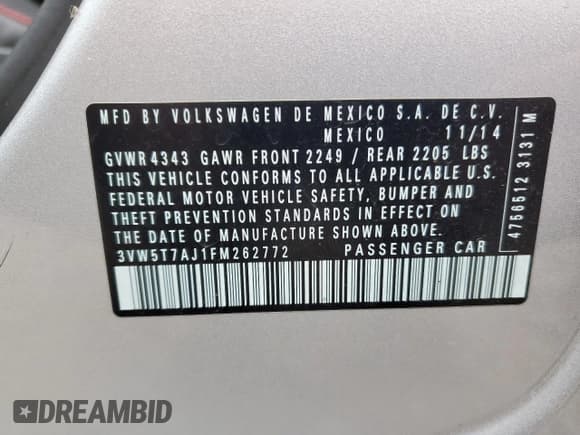 ✅ 2015 Volkswagen Jetta GLI SEL • VIN: 3VW5T7AJ1FM262772 • Лот: 60485304. Опубликован ранее на Copart с пробегом Не указан. Бесплатный доступ к архиву аукционных продаж из США и подробный отчёт об истории автомобиля на DreamBid. Изображение 12.