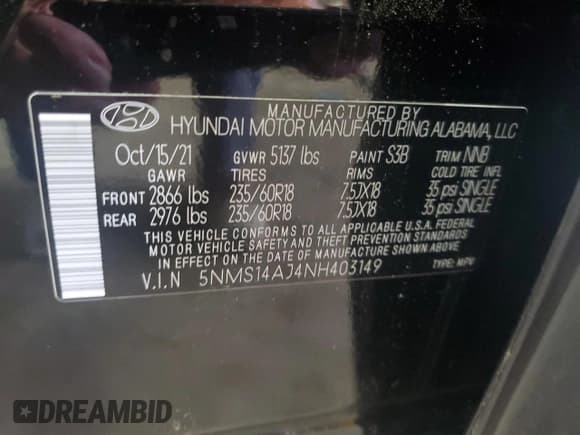 ✅ 2022 Hyundai Santa Fe SE • VIN: 5NMS14AJ4NH403149 • Lot: 58901275. Listed on Copart with 24,064 mi. Free auction sales archive from the USA and detailed vehicle history report at DreamBid. Image 13.