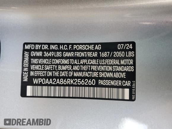 ✅ 2024 Porsche 718 Cayman • VIN: WP0AA2A86RK256260 • Lot: 85163134. Listed on Copart with 6,647 mi. Free auction sales archive from the USA and detailed vehicle history report at DreamBid. Image 14.