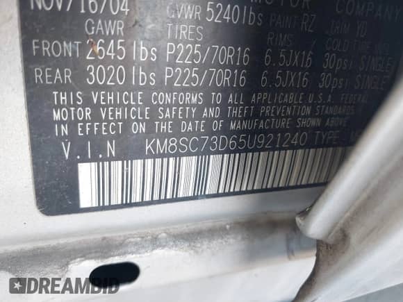 2005 Hyundai Santa Fe GLS с VIN KM8SC73D65U921240, выставлен на аукционе IAAI как лот 41237664 с пробегом 149 771 миль миль и . История ставок и продаж доступна на DreamBid. Изображение 9.