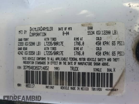 2005 Dodge 3500 SLT z VIN 3D7MS48C05G714852, wystawiony jako Copart lot #82726915 z przebiegiem 291 995 mil mil oraz Szkoda całkowita • Salvage title. Historia ofert i sprzedaży dostępna na DreamBid. Obrazek 12.