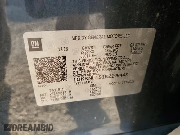✅ 2019 GMC Acadia SLE • VIN: 1GKKNLLS1KZ199443 • Lot: 80626635. Listed on Copart with 100,306 mi. Free auction sales archive from the USA and detailed vehicle history report at DreamBid. Image 13.