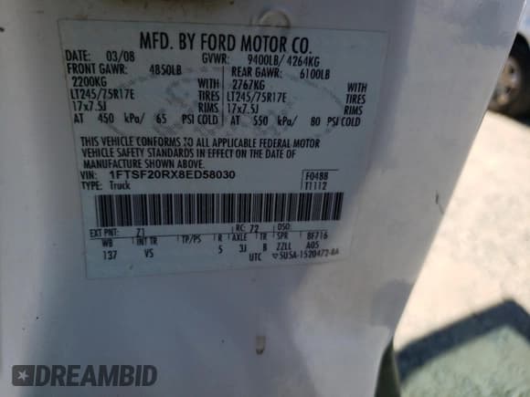 ✅ 2008 Ford F-250 • VIN: 1FTSF20RX8ED58030 • Лот: 74563714. Опубликован ранее на Copart с пробегом 278 531 миль. Бесплатный доступ к архиву аукционных продаж из США и подробный отчёт об истории автомобиля на DreamBid. Изображение 12.