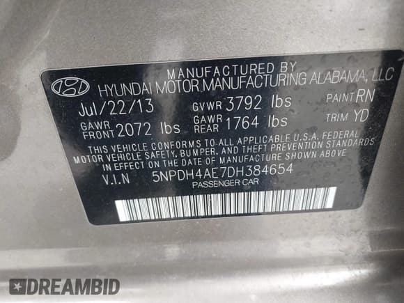 ✅ 2013 Hyundai Elantra GLS • VIN: 5NPDH4AE7DH384654 • Lot: 42754948. Listed on IAAI with 146,218 mi. Free auction sales archive from the USA and detailed vehicle history report at DreamBid. Image 9.