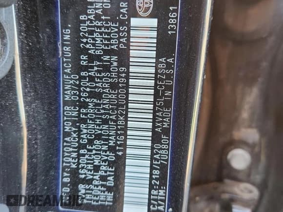 ✅ 2020 Toyota Camry SE • VIN: 4T1G11BK2LU001949 • Lot: 90251625. Wystawiony na Copart z przebiegiem 67 380 mil. Bezpłatny archiwum sprzedaży aukcyjnych z USA i szczegółowy raport historii pojazdu na DreamBid. Zdjęcie 13.