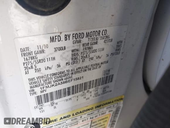 ✅ 2011 Ford Expedition Max Limited • VIN: 1FMJK2A58BEF15821 • Lot: 41593051. Listed on IAAI with 288,260 mi. Free auction sales archive from the USA and detailed vehicle history report at DreamBid. Image 9.