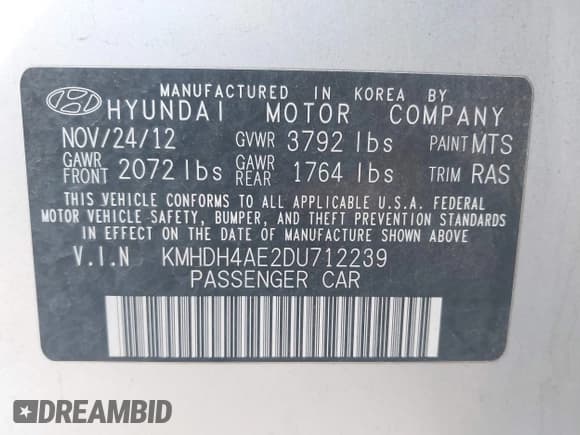 ✅ 2013 Hyundai Elantra GLS • VIN: KMHDH4AE2DU712239 • Lot: 43527627. Listed on IAAI with 115,551 mi. Free auction sales archive from the USA and detailed vehicle history report at DreamBid. Image 9.
