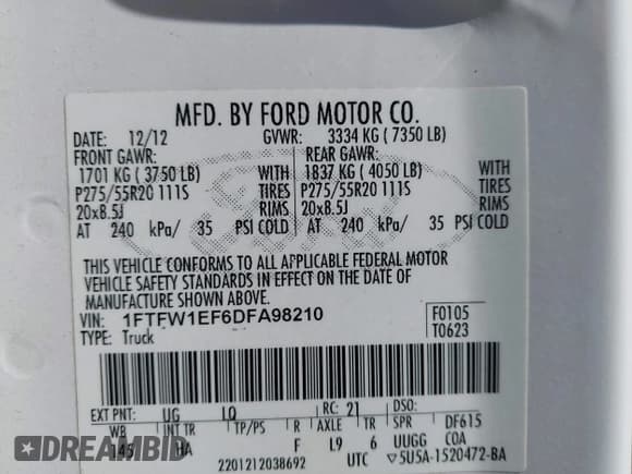 ✅ 2013 Ford F-150 XL • VIN: 1FTFW1EF6DFA98210 • Lot: 43644624. Listed on IAAI with Not provided. Free auction sales archive from the USA and detailed vehicle history report at DreamBid. Image 9.