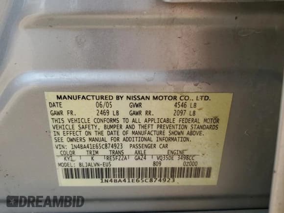 ✅ 2005 Nissan Maxima SE • VIN: 1N4BA41E65C874923 • Lot: 59054605. Listed on Copart with 114,075 mi. Free auction sales archive from the USA and detailed vehicle history report at DreamBid. Image 12.