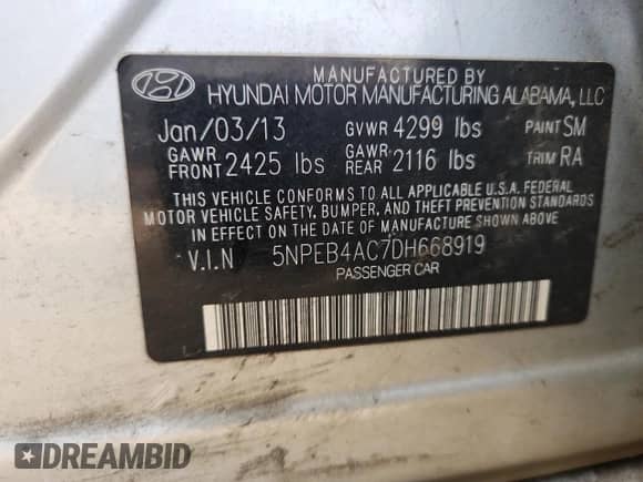 2013 Hyundai Sonata GLS with VIN 5NPEB4AC7DH668919, listed as a Copart auction lot 82749305 with 152,629 mi miles and Clean title. Bid and sale history available at DreamBid. Image 13.