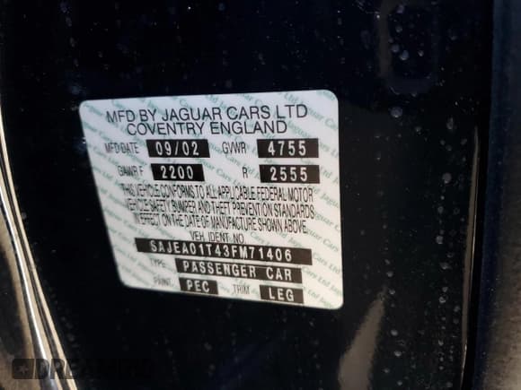 ✅ 2003 Jaguar S-Type • VIN: SAJEA01T43FM71406 • Lot: 77252254. Wystawiony na Copart z przebiegiem 133 384 mil. Bezpłatny archiwum sprzedaży aukcyjnych z USA i szczegółowy raport historii pojazdu na DreamBid. Zdjęcie 12.