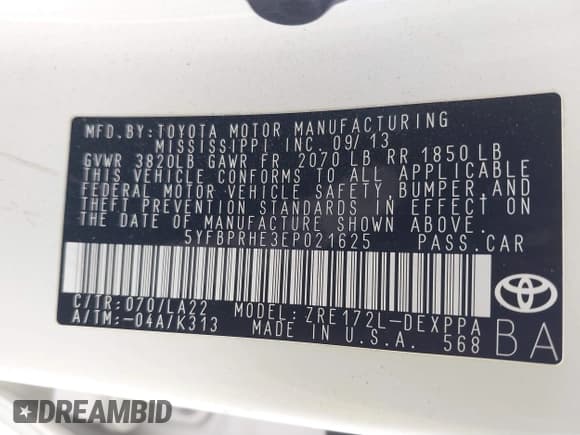 ✅ 2014 Toyota Corolla LE Eco • VIN: 5YFBPRHE3EP021625 • Lot: 41535848. Listed on IAAI with 137,433 mi. Free auction sales archive from the USA and detailed vehicle history report at DreamBid. Image 9.