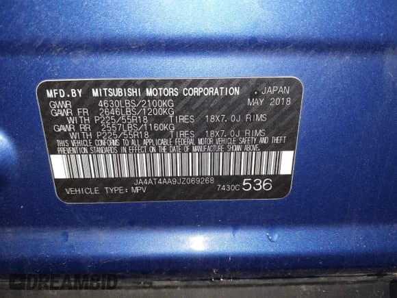 ✅ 2018 Mitsubishi Eclipse Cross LE • VIN: JA4AT4AA9JZ069268 • Lot: 41941695. Wystawiony na IAAI z przebiegiem 52 320 mil. Bezpłatny archiwum sprzedaży aukcyjnych z USA i szczegółowy raport historii pojazdu na DreamBid. Zdjęcie 9.