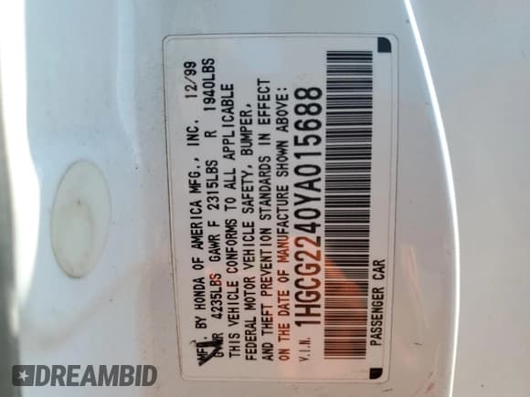 ✅ 2000 Honda Accord LX • VIN: 1HGCG2240YA015688 • Lot: 77943104. Listed on Copart with 394,520 mi. Free auction sales archive from the USA and detailed vehicle history report at DreamBid. Image 12.